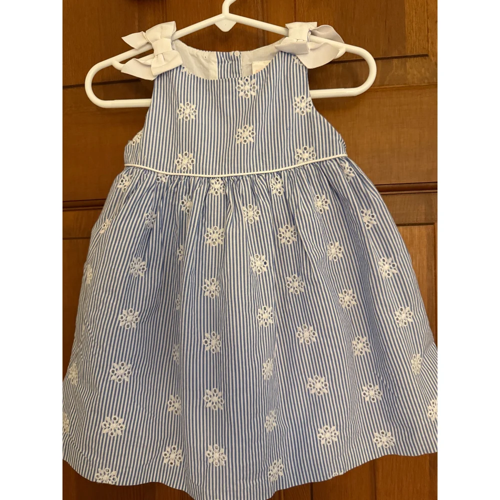 Gymboree Toddler Pinstriped Eyelet Dress Girls 18-24m Blue Lined‎ w/ Bow Accent